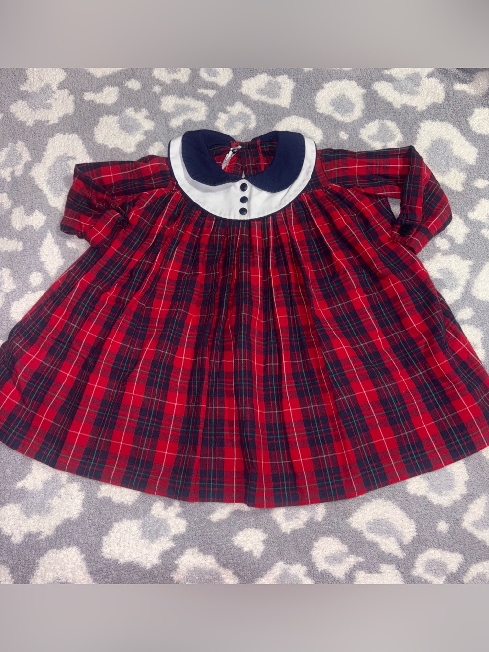 Vintage Plaid Flannel Cotton Long Sleeve Statement Collar Pleated Dress 3T